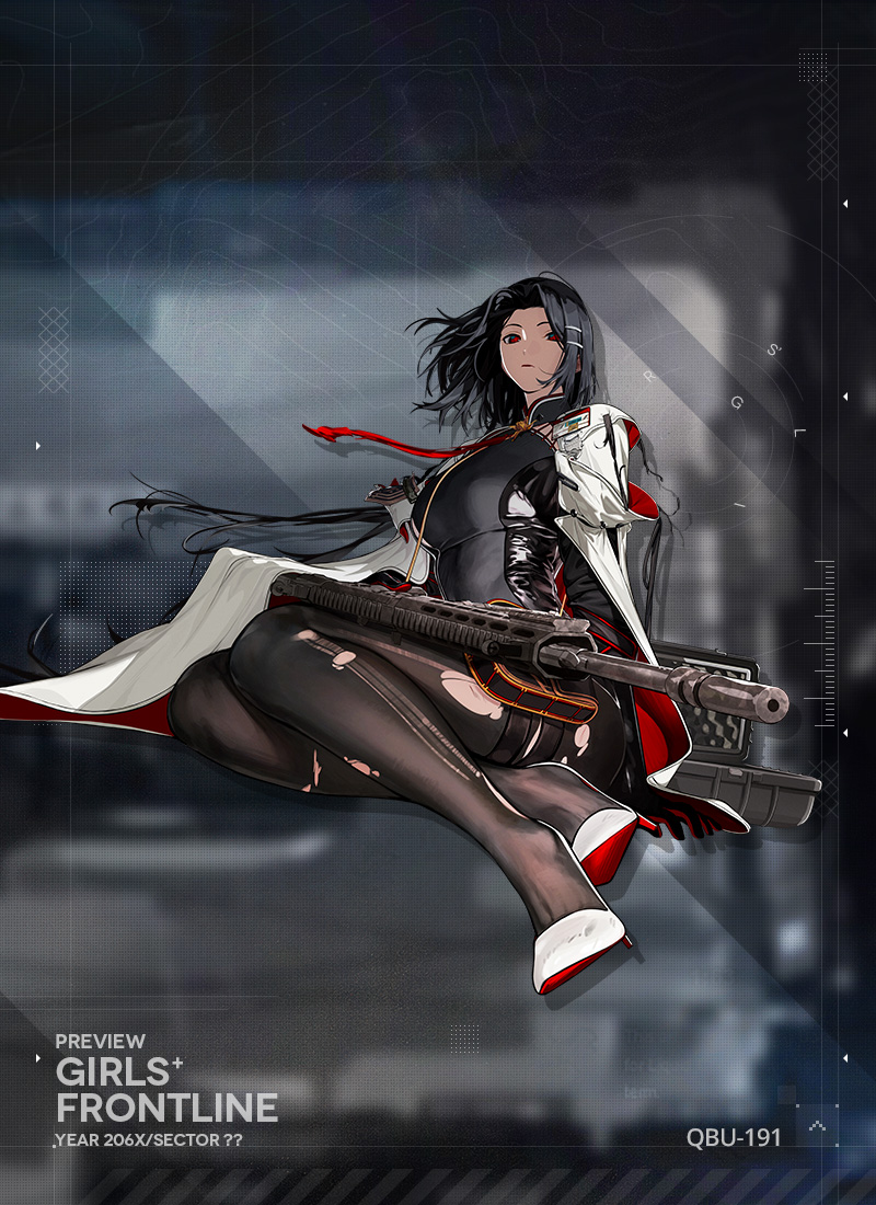 1girl bag black_dress black_gloves black_hair black_pantyhose breasts character_name closed_mouth commentary copyright_name dress english_commentary expressionless full_body girls'_frontline gloves gun hair_ornament hairclip handbag high_heels jacket jacket_on_shoulders large_breasts long_hair looking_at_viewer nishiro_ryoujin official_art pantyhose qbu-191 qbu-191_(girls'_frontline) red_eyes red_jacket second-party_source sitting solo thigh_pouch torn_clothes torn_pantyhose two-sided_fabric two-sided_jacket very_long_hair weapon weapon_bag weapon_case white_footwear white_jacket