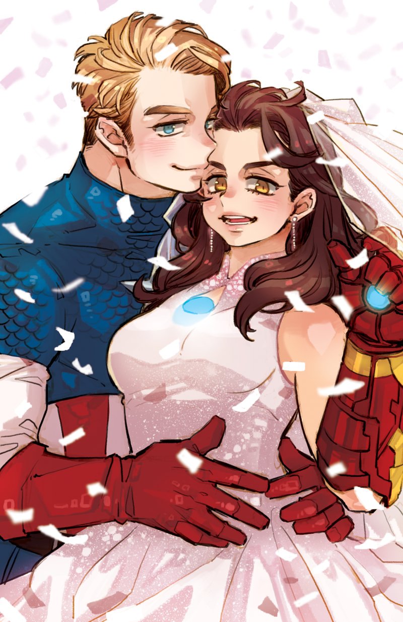 1boy 1girl animification arc_reactor armor bare_shoulders belt blonde_hair blue_bodysuit blue_eyes blush bodysuit breasts bridal_veil bride brown_belt brown_hair captain_america closed_mouth confetti covered_collarbone dishing dress earrings gloves hand_up hetero highres hug husband_and_wife jewelry long_hair looking_at_viewer marvel medium_breasts open_mouth power_armor red_armor red_gloves short_hair simple_background sleeveless sleeveless_dress smile standing star_(symbol) steve_rogers striped_bodysuit teeth tongue tony_stark v-shaped_eyebrows veil wedding_dress white_background white_dress yellow_eyes