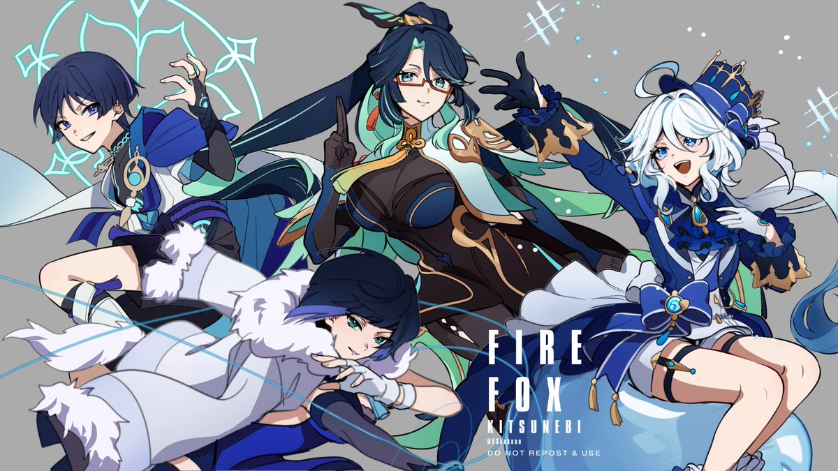 1boy 3girls ahoge black_gloves black_hair blue_eyes blue_hair blue_headwear breasts closed_mouth earrings fingerless_gloves furina_(genshin_impact) genshin_impact glasses gloves green_hair grey_background hair_between_eyes hat jacket jacket_on_shoulders japanese_clothes jewelry kitsunebi_v3kokonn large_breasts long_hair long_sleeves multiple_girls open_mouth red-framed_eyewear scaramouche_(genshin_impact) short_hair shorts tassel tassel_earrings twitter_username vision_(genshin_impact) wanderer_(genshin_impact) white_gloves xianyun_(genshin_impact) yelan_(genshin_impact)