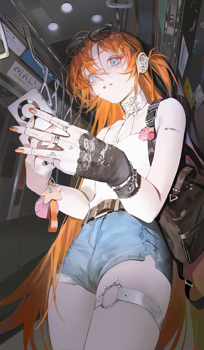 1girl at_wang belt blue_eyes choker earrings eyewear_on_head from_below highres holding holding_phone jewelry keychain kirby kirby_(series) long_hair looking_at_viewer multiple_earrings multiple_rings nail_polish o-ring_strap one_side_up orange_hair orange_nails original parted_lips phone ring short_shorts shorts sleeveless solo sunglasses thigh_strap train_interior very_long_hair white_choker