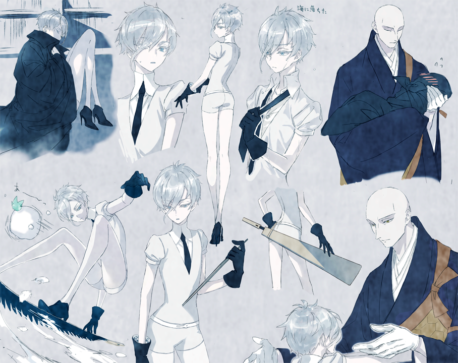 2others androgynous antarcticite bald blue_eyes blush closed_eyes colored_eyelashes commentary_request eyes_visible_through_hair gem_uniform_(houseki_no_kuni) gloves hair_over_one_eye high_heels holding_person houseki_no_kuni japanese_clothes k22968982 kesa kongou_sensei multiple_others necktie phosphophyllite short_hair silver_hair snowball surfing sword weapon wet wet_hair white_hair