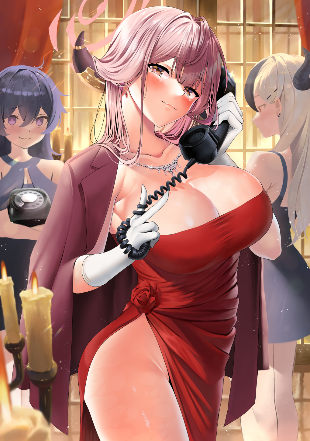 3girls aru_(blue_archive) aru_(dress)_(blue_archive) black_hair blue_archive blush breasts candle cleavage closed_mouth collarbone commentary_request dress elbow_gloves gloves halo haruka_(blue_archive) highres horns jewelry kawai_(purplrpouni) kayoko_(blue_archive) large_breasts long_hair looking_at_viewer multiple_girls necklace phone pink_hair pink_halo purple_hair red_dress smile white_gloves