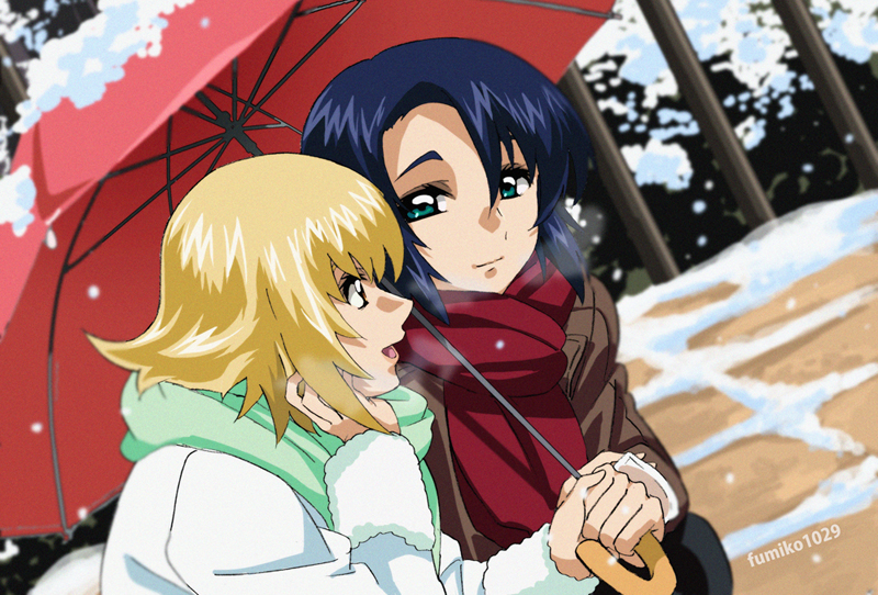 1boy 1girl artist_name athrun_zala blonde_hair blue_hair breath brown_jacket cagalli_yula_athha casual couple dating fumiko_(mesushi) green_eyes green_scarf gundam gundam_seed gundam_seed_freedom holding holding_hands holding_umbrella jacket light_smile looking_at_another red_scarf red_umbrella scarf short_hair smile snow snowing umbrella under_umbrella white_jacket winter winter_clothes yellow_eyes