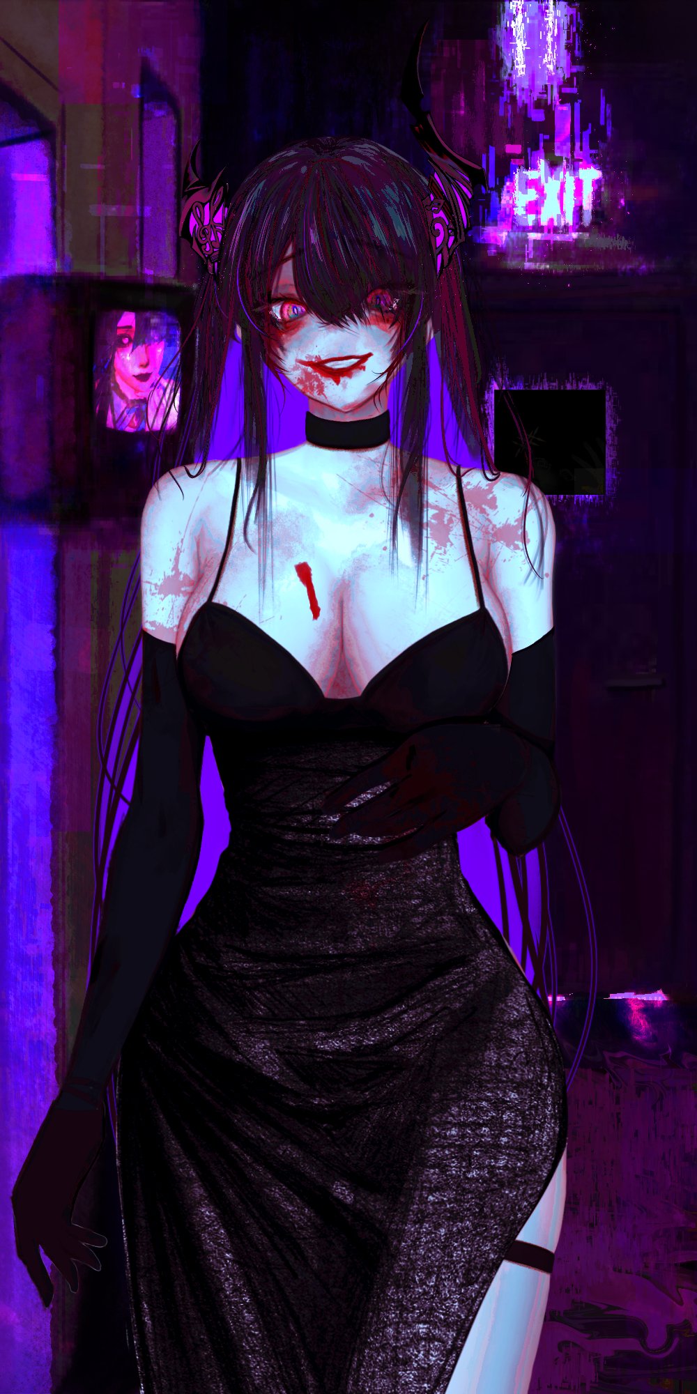 1girl asymmetrical_horns black_choker black_dress black_gloves black_hair blood blood_on_body blood_on_face blood_splatter blue_hair breasts choker cleavage colored_inner_hair crystal_horn dark demon_horns dress elbow_gloves exit_sign gloves hallway highres hololive hololive_english horns horror_(theme) large_breasts multicolored_hair nerissa_ravencroft red_lips side_slit smile soju_ice solo split-color_hair television thigh_strap two-tone_hair uneven_horns virtual_youtuber