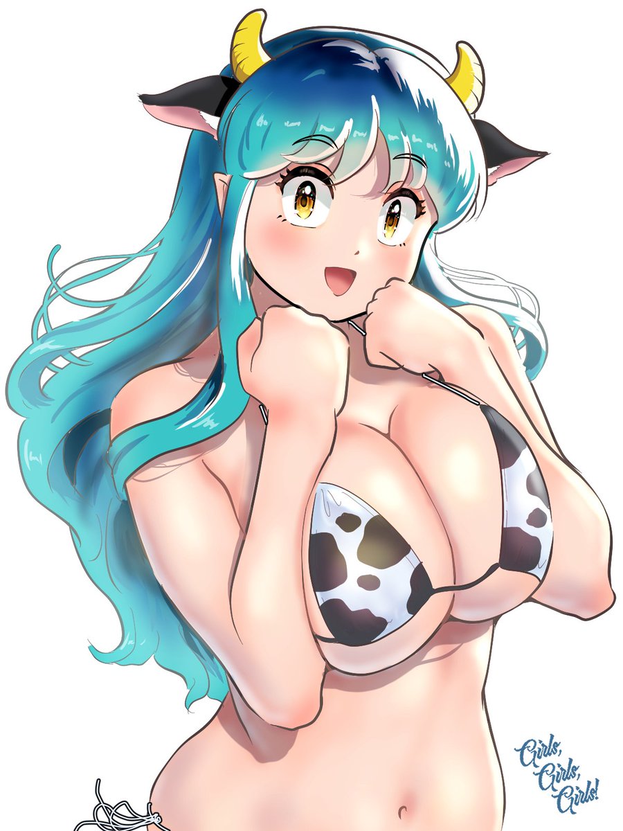 1girl animal_ears animal_print bikini blush breasts cleavage cow_ears cow_girl cow_horns cow_print green_hair highres horns huge_breasts kenken28937178 long_hair looking_at_viewer lum navel open_mouth simple_background smile solo swimsuit urusei_yatsura white_background yellow_eyes