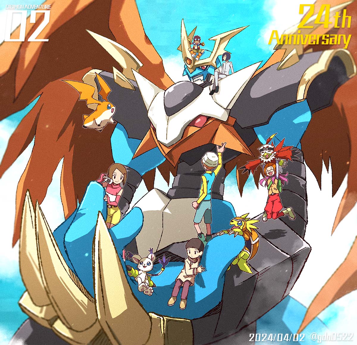 3girls 6+boys animal_hands anniversary armadillo armadimon armor beak bird black_armor black_hair blonde_hair blue_shirt blue_skin blue_sky brown_hair camera cat claws colored_skin copyright_name crossed_legs dated digimon digimon_adventure_02 digivice dragon elbow_gloves feather_hair fingerless_gloves flame_print gdn0522 giant glasses gloves goggles goggles_on_head green_skin hair_ornament hairclip hawkmon head_wings hida_iori holding holding_camera ichijouji_ken imperialdramon imperialdramon_fighter_mode inoue_miyako jacket looking_at_viewer motomiya_daisuke multiple_boys multiple_girls on_head orange_helmet patamon paw_gloves print_jacket red_eyes red_wings shirt short_hair shorts sky sleeveless sleeveless_shirt spiked_hair tailmon takaishi_takeru talons twitter_username white_hat wings yagami_hikari yellow_shorts yellow_skin