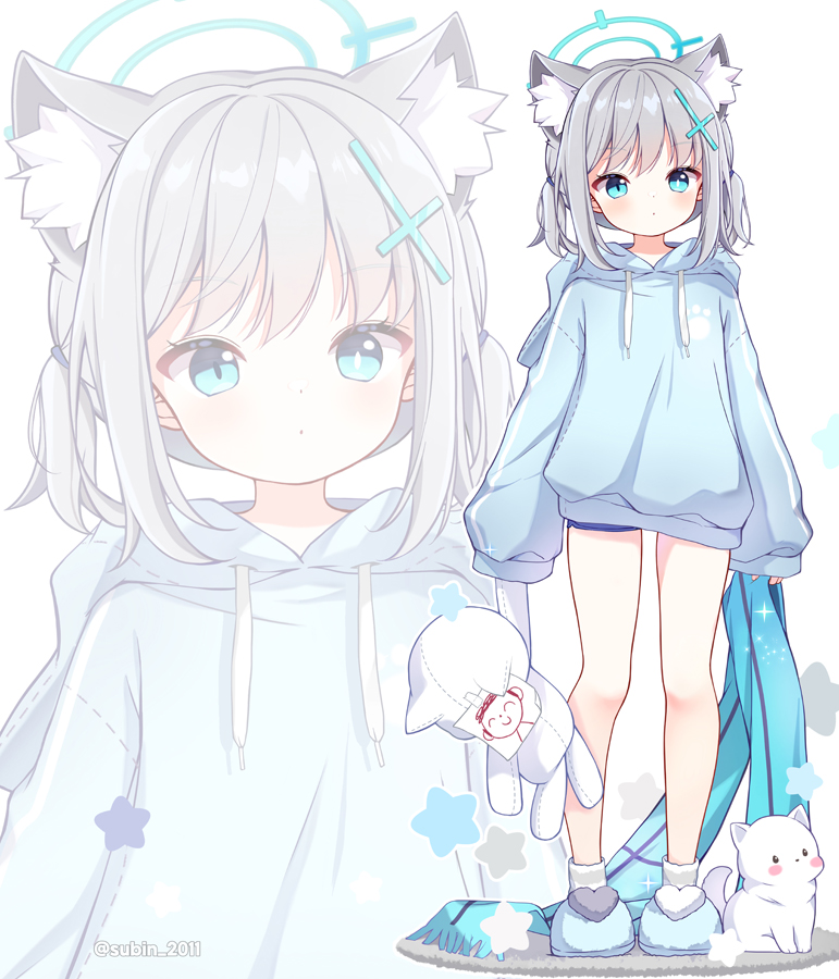 1girl aged_down animal_ear_fluff animal_ears aqua_hoodie bare_legs blue_archive blue_eyes blue_shorts closed_mouth commentary_request cross_hair_ornament dog dot_mouth full_body grey_hair hair_ornament halo holding holding_clothes holding_scarf holding_stuffed_toy korean_commentary looking_at_viewer medium_hair mismatched_pupils mixed-language_commentary scarf shiroko_(blue_archive) shorts simple_background sleeves_past_wrists slippers socks standing stuffed_toy subin_(subin_2011) twitter_username two_side_up white_background white_socks wolf_ears wolf_girl zoom_layer