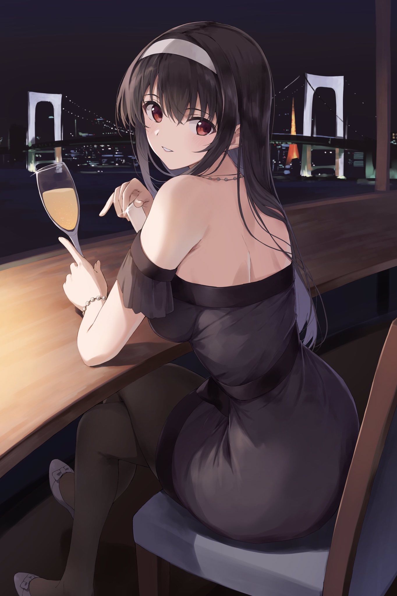 1girl alcohol alternate_costume back bare_shoulders black_hair black_pantyhose blush bracelet breasts bridge champagne commentary crossed_bangs crossed_legs cup curvy dress drinking_glass foot_out_of_frame formal from_behind glint hair_between_eyes hairband highres holding holding_cup index_finger_raised indoors jewelry kasumigaoka_utaha large_breasts long_hair looking_at_viewer looking_back necklace night off-shoulder_dress off_shoulder on_chair pantyhose parted_lips pearl_bracelet pearl_necklace red_eyes saenai_heroine_no_sodatekata short_sleeves sitting smile solo straight_hair strapless strapless_dress tokyo_tower white_footwear white_hairband window wine wine_glass yanagi_marie