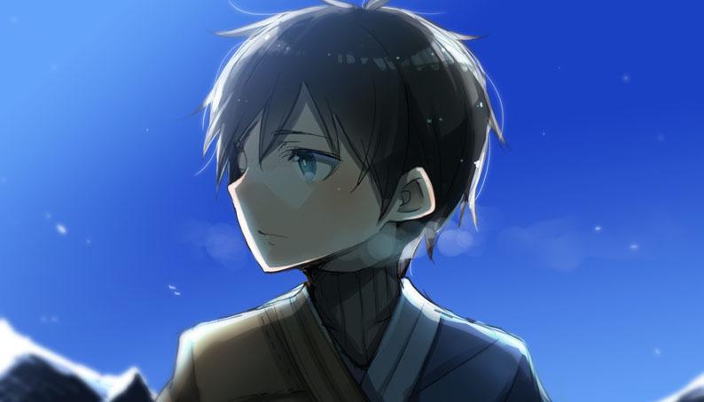 1boy ayakura_juu black_hair blue_eyes blue_sky expressionless looking_to_the_side male_focus original outdoors short_hair sky solo turtleneck upper_body