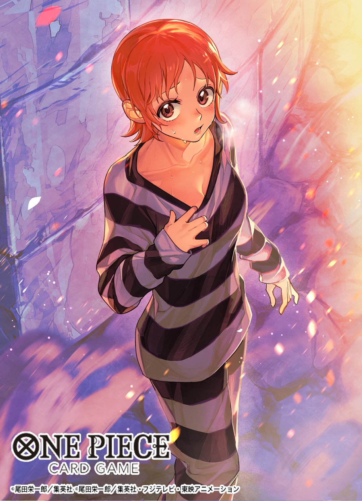 1girl blush bon_clay breasts chestnut collarbone copyright_name cowl feet_out_of_frame from_above furrowed_brow gradient_background highres indoors long_sleeves looking_at_viewer lower_teeth_only medium_breasts motion_blur nami_(one_piece) no_bra nose official_alternate_costume official_art one_piece orange_hair pants shirt shirt_tug short_hair sleeves_past_wrists smoke solo standing stone_floor stone_wall striped_clothes striped_pants striped_shirt sunohara_(encount) sweat tareme teeth