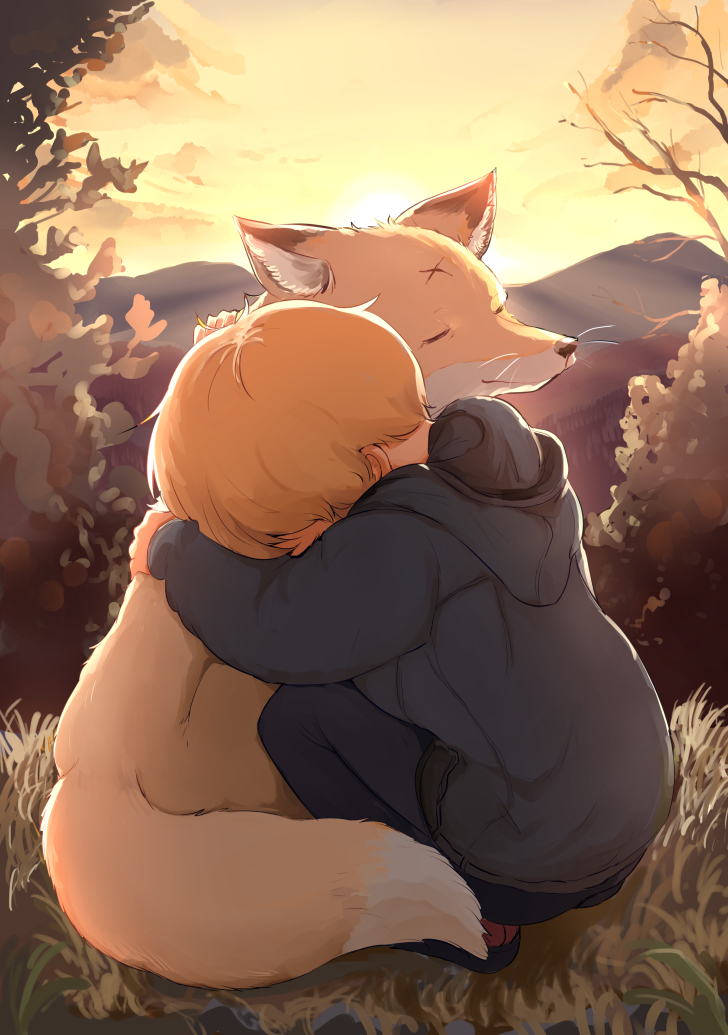 1boy animal animal_hug backlighting batta_(kanzume_quality) belt blonde_hair blue_hoodie blue_pants child cloud cross_scar fox grass hood hood_down hoodie kitsune_no_oyome-chan male_focus mountainous_horizon outdoors pants scar short_hair sky squatting sun sunset tree whiskers yellow_sky