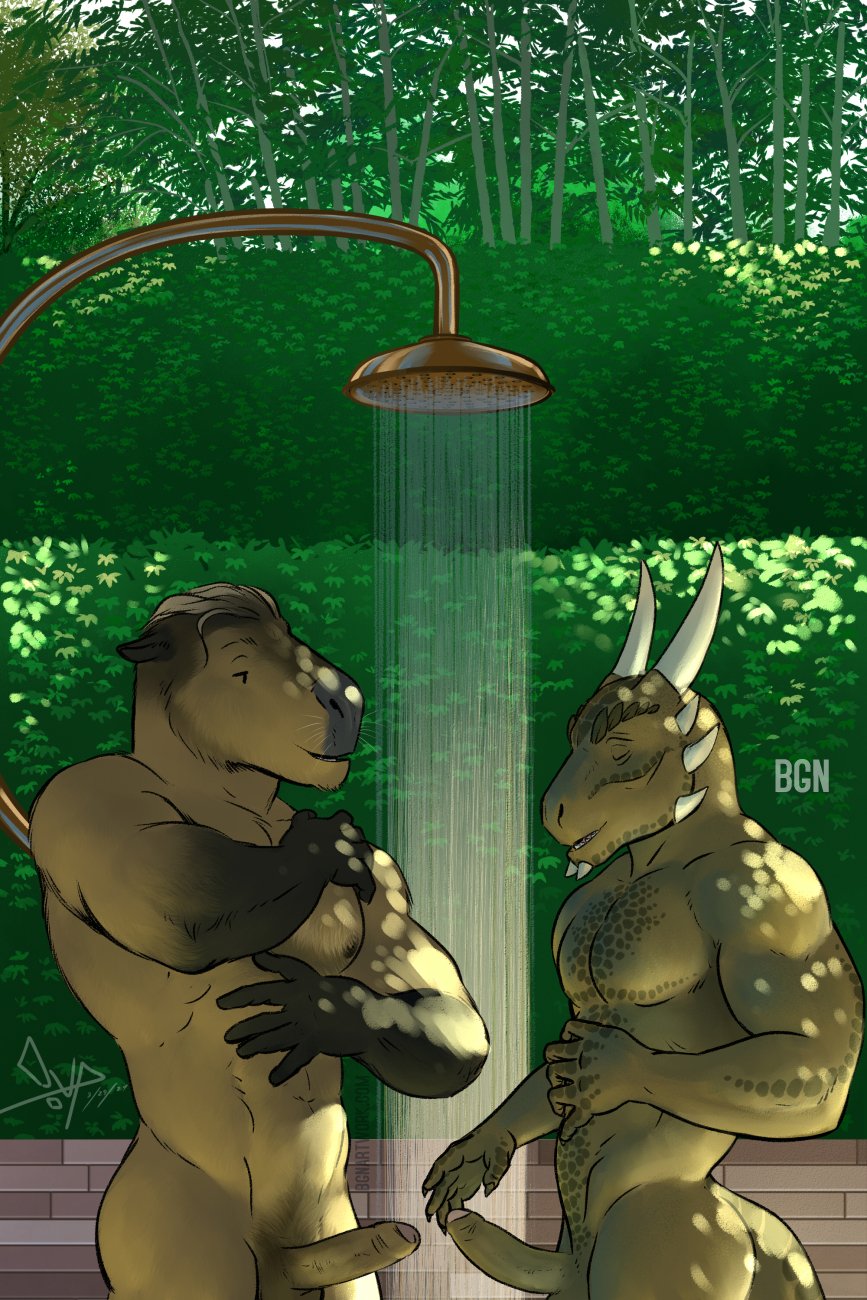 abs anthro argonian athletic athletic_anthro athletic_male bathing bethesda_softworks bgn capybara caviid cleiton_(bgn) duo erection facing_each_other foreskin genitals hi_res humanoid_genitalia humanoid_penis male male/male mammal muscular muscular_anthro muscular_male nude outdoor_shower outside penis rodent scalie shen_(archshen) showering side_view the_elder_scrolls