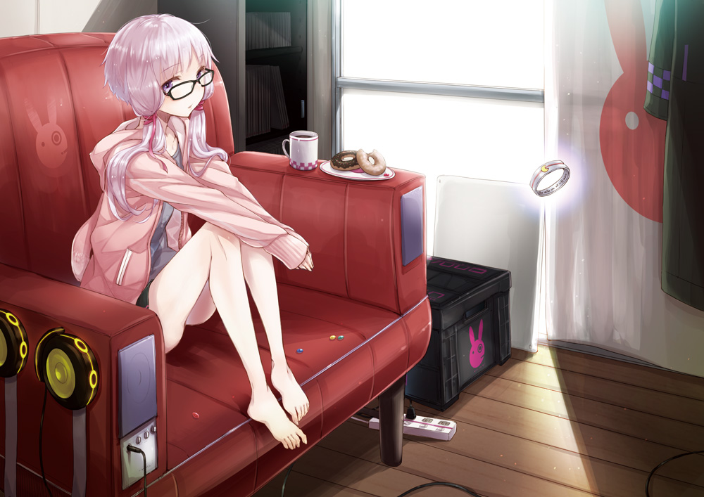 1girl ayakura_juu backlighting barefoot bracelet commentary_request couch cup doughnut drink feet_on_chair floating floating_object food glasses indoors jewelry legs looking_at_viewer mug power_strip purple_eyes purple_hair short_hair_with_long_locks sitting solo textless_version vocaloid voiceroid window wooden_floor yuzuki_yukari yuzuki_yukari_(lin) yuzuki_yukari_(onn) yuzuki_yukari_(vocaloid4)