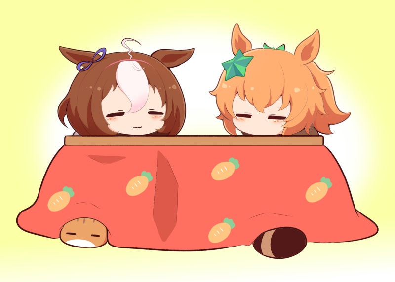 2girls :3 ahoge animal_ears blush_stickers brown_hair carrot_print cat chibi closed_eyes closed_mouth facing_viewer food_print gomashio_(goma_feet) gradient_background green_ribbon hair_between_eyes hair_ornament hair_ribbon hairband horse_ears kotatsu meisho_doto_(umamusume) multicolored_hair multiple_girls orange_hair pink_hairband ponytail ribbon star_(symbol) star_hair_ornament table taiki_shuttle_(umamusume) tanuki two-tone_hair umamusume white_background white_hair yellow_background