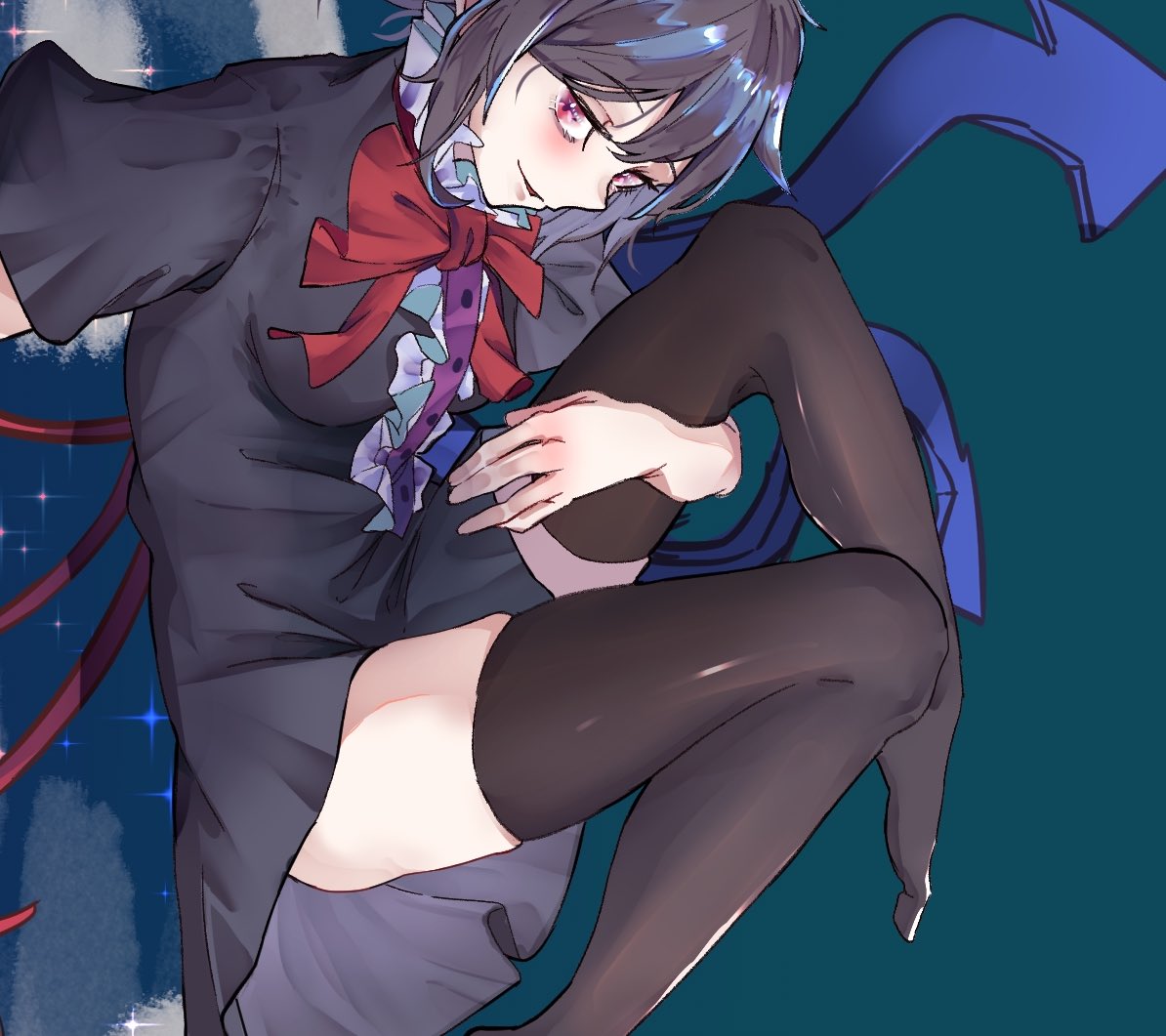 1girl asymmetrical_wings black_dress black_hair blue_background bow bowtie breasts center_frills commentary_request dress frills houjuu_nue kanaria_(bocmn) looking_at_viewer medium_breasts no_shoes red_bow red_bowtie red_eyes short_sleeves smile smirk solo thighhighs touhou wings