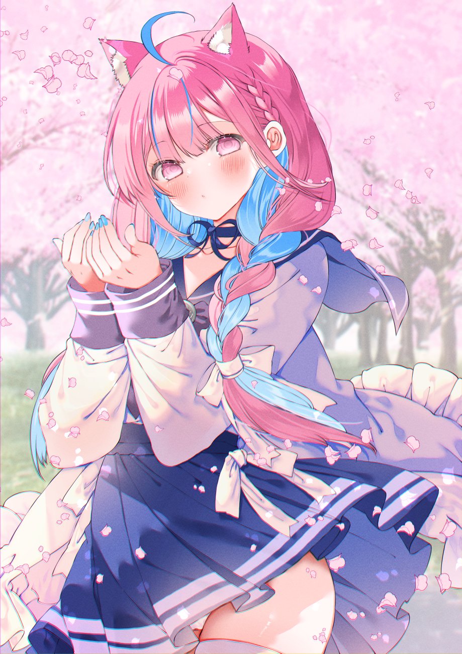 1girl ahoge anchor_symbol blue_hair blue_nails blue_skirt blush braid breasts cherry_blossoms cherry_tree collarbone colored_inner_hair highres hololive jacket large_breasts long_hair long_sleeves minato_aqua minato_aqua_(sailor) moo_(umineko) multicolored_hair official_alternate_costume pink_hair pleated_skirt purple_eyes ribbon skirt solo streaked_hair thighs twintails two-tone_hair virtual_youtuber