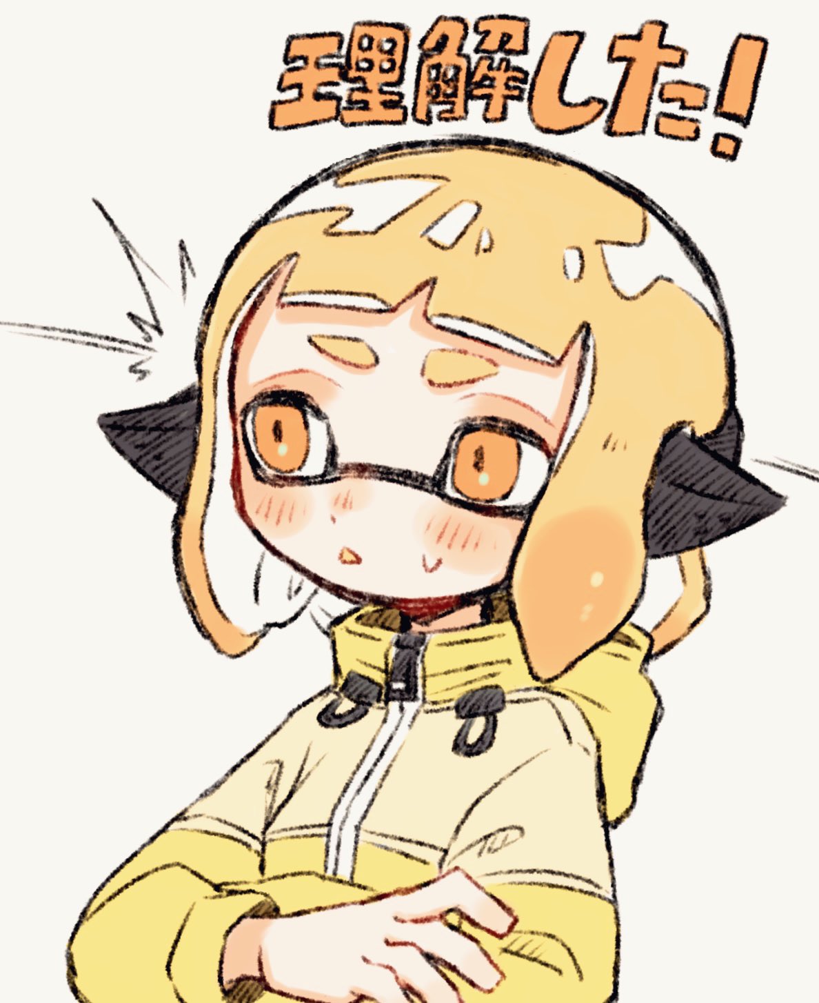 1girl agent_4_(splatoon) black_headphones blonde_hair blush_stickers breasts chestnut_mouth colored_tongue commentary_request crossed_arms gradient_hair headphones highres hood hood_down inkling inkling_girl inkling_player_character jacket looking_to_the_side medium_hair multicolored_clothes multicolored_hair multicolored_jacket open_mouth orange_eyes orange_hair small_breasts solo splatoon_(series) splatoon_2 suku1do sweatdrop tentacle_hair thick_eyebrows translation_request two-tone_hair two-tone_jacket upper_body white_background yellow_jacket yellow_tongue