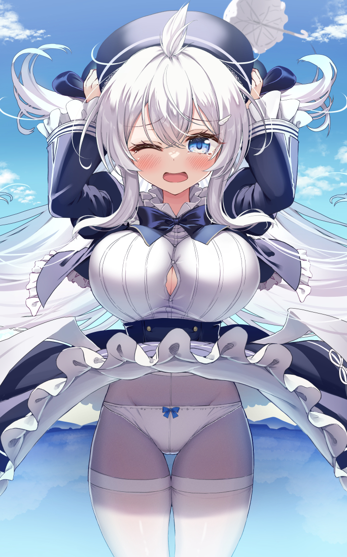 1girl arms_up azur_lane beret blue_eyes blue_ribbon bow bow_panties button_gap clothes_lift cowboy_shot facing_viewer floating_hair frilled_skirt frills hat holding holding_clothes holding_hat long_hair mikage_(shibi) official_alternate_costume one_eye_closed outdoors panties panties_under_pantyhose pantyhose pantyshot ribbon skirt skirt_lift sky solo standing two_side_up umbrella umikaze_(azur_lane) umikaze_(baby_steps)_(azur_lane) underwear upskirt white_hair white_panties white_umbrella wind wind_lift
