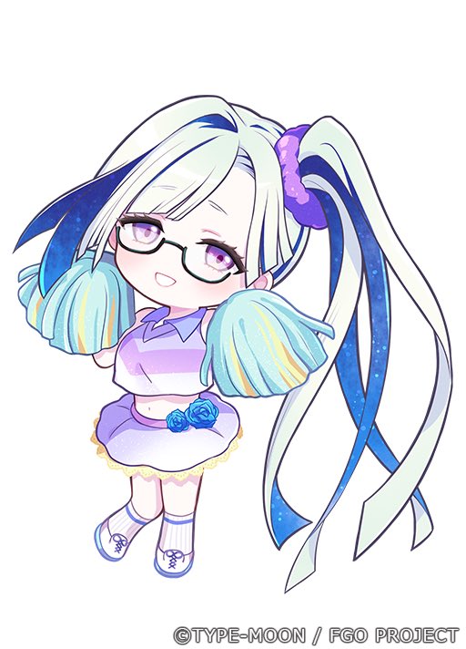 1girl ball blue_flower blue_hair brynhildr_(fate) fate/grand_order fate_(series) flower fluffy_atr glasses hair_ornament hair_scrunchie holding holding_pom_poms midriff multicolored_hair navel official_art pom_pom_(cheerleading) pom_pom_(clothes) purple_eyes purple_shirt scrunchie shirt skirt socks sportswear white_footwear white_hair white_socks