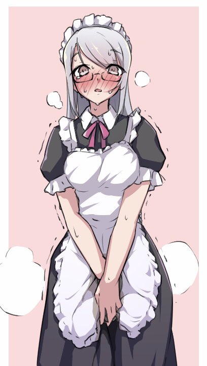 1girl apron azukilib between_legs black-framed_eyewear black_dress blush border breasts breath brown_eyes collared_dress commentary cowboy_shot dress embarrassed frilled_apron frilled_dress frilled_sleeves frills glasses grey_hair hand_between_legs have_to_pee long_dress long_hair looking_at_viewer maid maid_apron maid_headdress medium_breasts neck_ribbon nose_blush open_mouth original outside_border own_hands_together peeing peeing_self pink_background pink_ribbon puffy_short_sleeves puffy_sleeves ribbon semi-rimless_eyewear short_sleeves sidelocks simple_background solo standing steam straight-on sweat swept_bangs tears trembling v_arms wet wet_apron wet_clothes wet_dress white_apron white_border