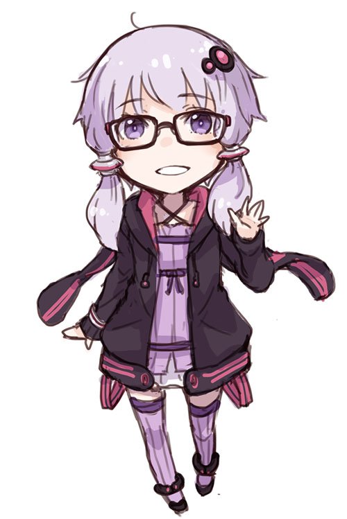 1girl ayakura_juu chibi dress full_body glasses hair_ornament hood hoodie looking_at_viewer open_clothes open_hoodie purple_dress purple_eyes purple_hair purple_thighhighs short_hair_with_long_locks simple_background sketch smile solo thighhighs vocaloid voiceroid waving white_background yuzuki_yukari