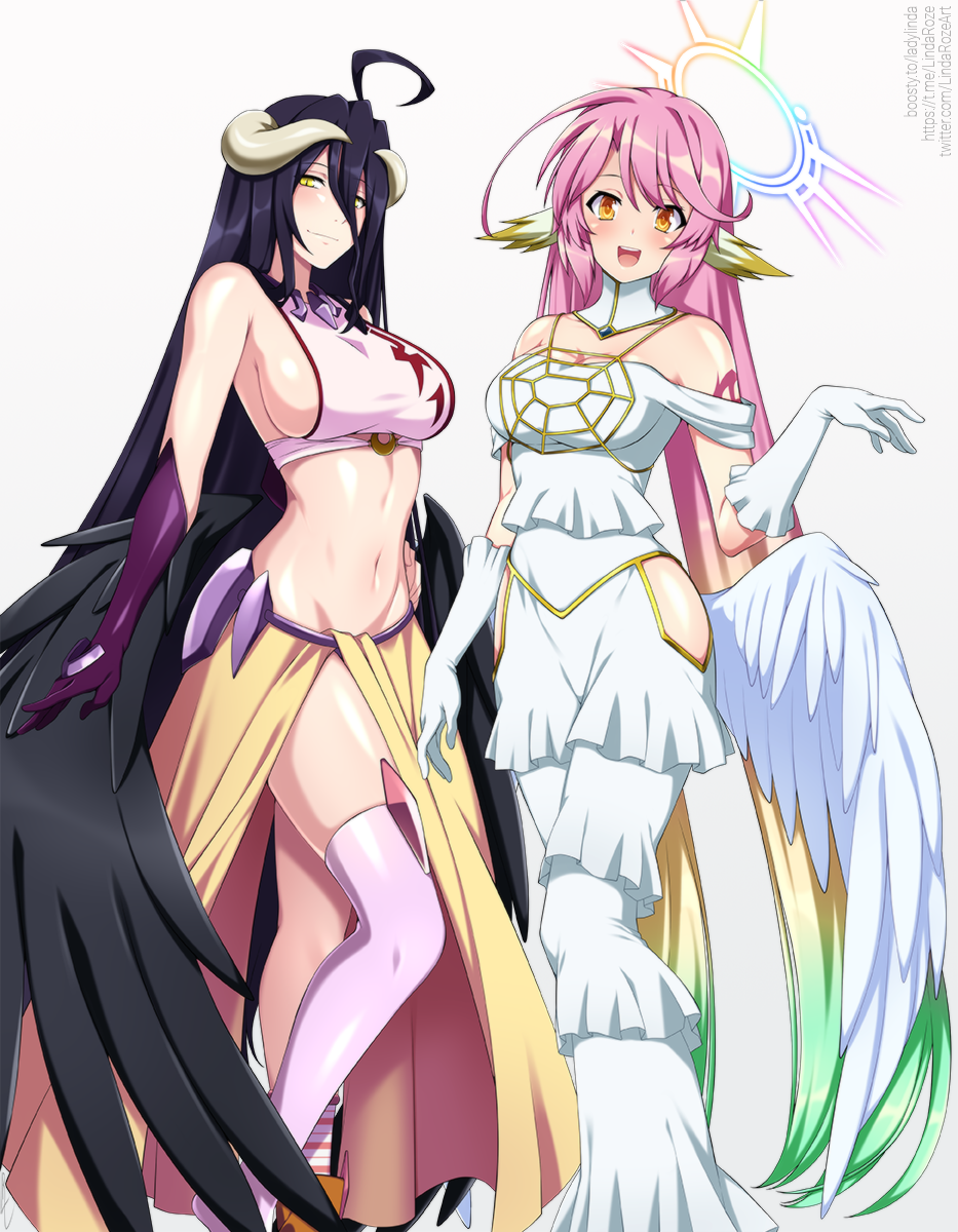 2girls :d ahoge albedo_(overlord) albedo_(overlord)_(cosplay) angel angel_wings asymmetrical_legwear bare_shoulders black_feathers black_hair black_wings blonde_hair breasts brown_footwear cleavage closed_mouth collarbone compass_rose_halo cosplay costume_switch cropped_shirt crossover demon_girl demon_horns demon_wings dress elbow_gloves english_commentary feathered_wings feathers gloves gradient_hair green_hair groin hair_between_eyes halo hand_on_own_hip highres hip_vent horns jibril_(no_game_no_life) jibril_(no_game_no_life)_(cosplay) large_breasts lindaroze long_bangs long_dress long_hair long_skirt looking_at_viewer low_wings midriff mismatched_legwear multicolored_hair multiple_girls navel no_game_no_life open_mouth overlord_(maruyama) pink_hair pink_shirt pink_thighhighs purple_gloves shirt shoes sideboob sidelocks simple_background single_shoe single_thighhigh skindentation skirt sleeveless sleeveless_shirt slit_pupils smile socks standing strapless strapless_dress striped_clothes striped_socks tattoo thighhighs very_long_hair web_address white_background white_dress white_gloves white_horns white_wings wing_ears wings yellow_eyes yellow_skirt