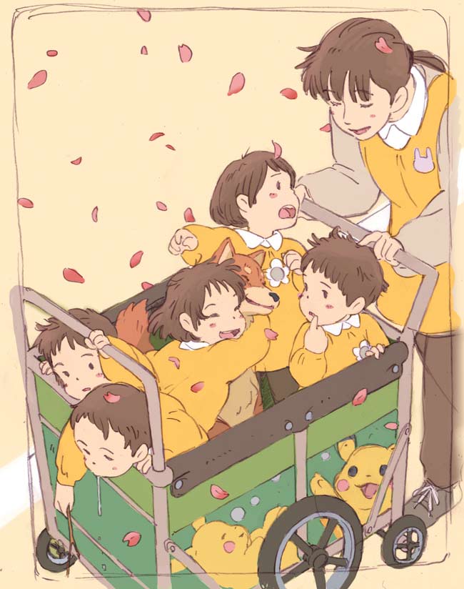 2boys 4girls animal_hug arai_youjirou blush child closed_eyes commentary_request dog in_container looking_at_another multiple_boys multiple_girls open_mouth original pikachu pokemon shiba_inu simple_background smile standing yellow_background