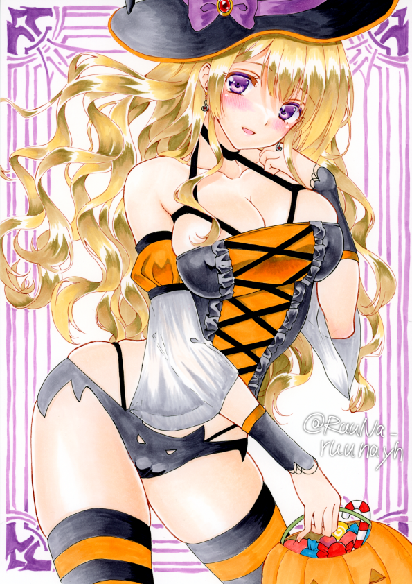 1girl blonde_hair blush breasts cleavage halloween halloween_costume large_breasts long_hair looking_at_viewer marker_(medium) original ruuna_(ruunayh) traditional_media witch