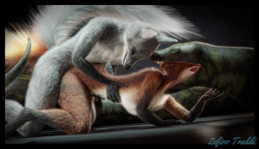 3d_(artwork) all_fours ambiguous_gender blender_(software) canine digital_media_(artwork) doggystyle female fox from_behind_position green_eyes grey_fox male male/female mammal nude oral_vore red_fox reptile scalie sex snake teeth vore zefirotreddi