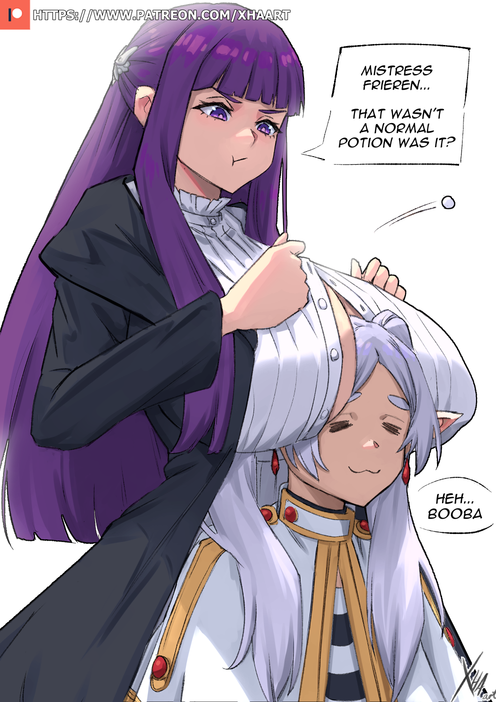 2girls :3 =_= alternate_breast_size between_breasts black_coat blunt_bangs breast_expansion breasts coat earrings elf english_text fern_(sousou_no_frieren) frieren head_between_breasts highres huge_breasts jewelry looking_at_another multiple_girls pointy_ears pout purple_eyes purple_hair purple_pupils simple_background sousou_no_frieren speech_bubble straight_hair twintails unbuttoned xhaart