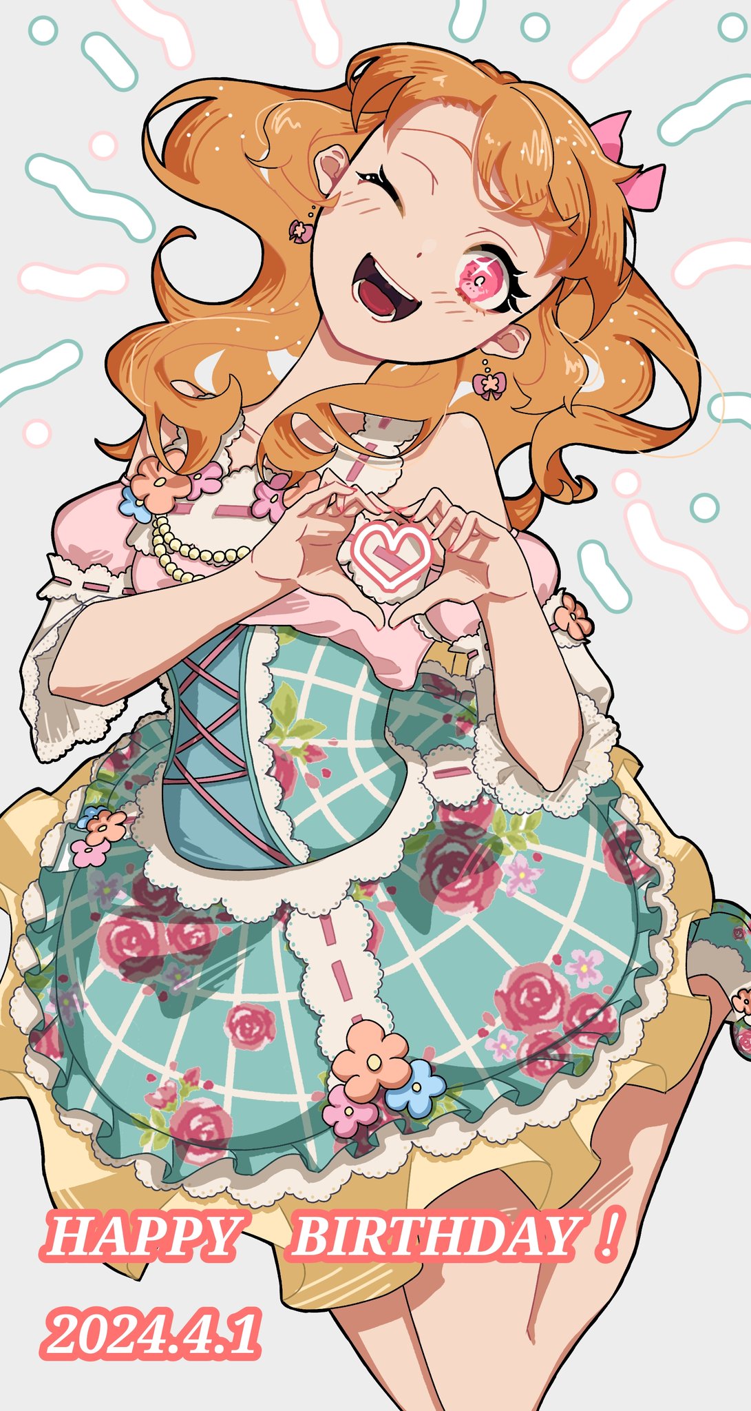 1girl ;d aikatsu! aikatsu!_(series) bare_legs bare_shoulders blue_dress bow checkered_clothes checkered_dress dated detached_sleeves dot_nose dress floating_hair floral_print frilled_dress frills grey_background hair_bow happy_birthday head_tilt heart heart_hands highres idol jumping long_hair long_neck looking_at_viewer medium_dress one_eye_closed open_mouth orange_hair ozora_akari pink_bow puffy_short_sleeves puffy_sleeves red_eyes rira_(rira_illust) short_sleeves smile solo