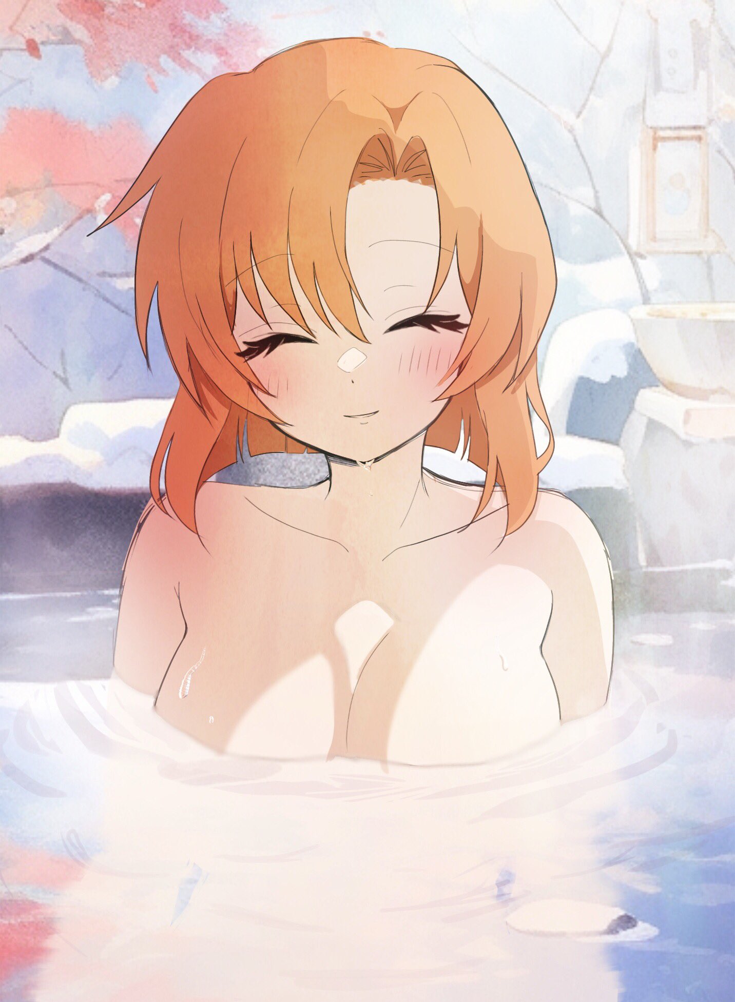 1girl ^_^ arms_at_sides blunt_ends blush breasts cleavage closed_eyes collarbone commentary_request completely_nude eyelashes facing_viewer hair_between_eyes happy highres higurashi_no_naku_koro_ni large_breasts nude onsen orange_hair parted_bangs parted_lips ripples rock ryuuguu_rena short_hair sidelighting smile solo upper_body water water_drop yuno_ff