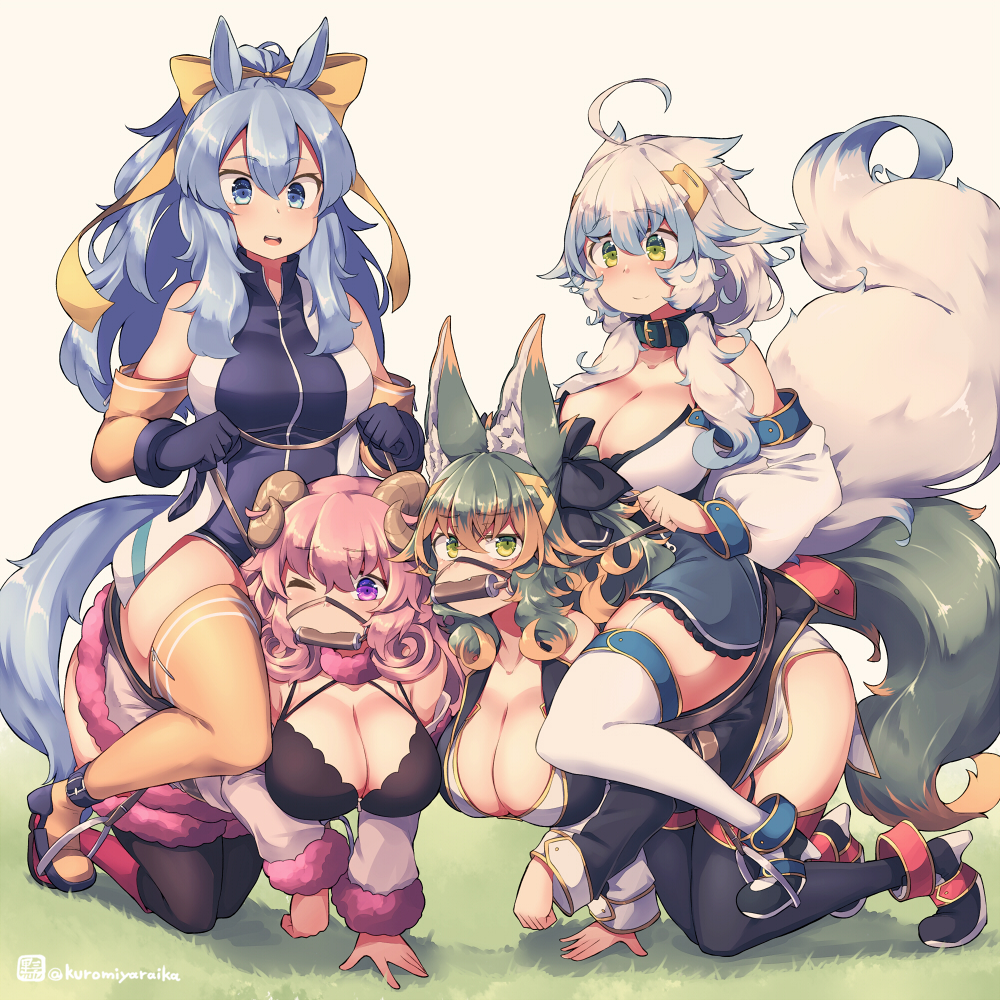 4girls animal_ears bit_gag black_thighhighs blue_eyes blue_gloves blue_hair breasts brown_horns cleavage commentary_request curled_horns detached_sleeves gag gloves green_eyes green_hair horns kuromiya kuromiya_raika kuzakura_mika large_breasts long_hair multicolored_hair multiple_girls one_eye_closed original pink_hair riding sheep_girl sheep_horns shiromiya_asuka sitting sitting_on_person souma_ren tail thighhighs two-tone_hair white_hair white_sleeves