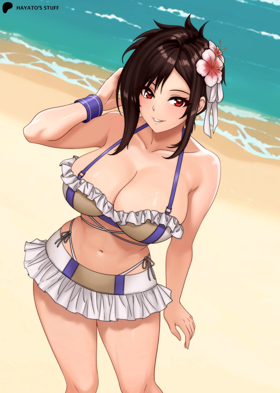 1girl arm_on_own_head armpit_crease artist_name bare_shoulders beach breasts brown_hair cleavage collarbone commentary final_fantasy final_fantasy_vii final_fantasy_vii_rebirth final_fantasy_vii_remake flower frilled_bikini_top hair_flower hair_ornament hayato_stuff highleg highres large_breasts long_hair navel official_alternate_costume outdoors red_eyes smile solo standing teeth tifa_lockhart tifa_lockhart_(shining_spirit) twitter_username water