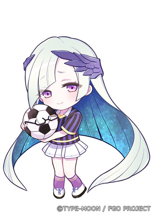 1girl ball black_shirt blue_hair blue_shirt brynhildr_(fate) fate/grand_order fate_(series) fluffy_atr glasses holding holding_ball light_smile long_hair multicolored_hair official_art pink_socks purple_eyes shirt skirt soccer_ball soccer_uniform socks sportswear striped_clothes white_footwear white_hair