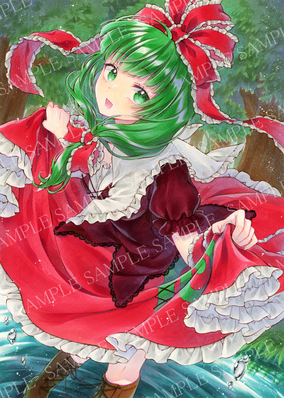 1girl alto2019 boots bow cross-laced_footwear frilled_bow frilled_ribbon frills front_ponytail green_eyes green_hair hair_bow hair_ribbon highres kagiyama_hina lifted_by_self looking_at_viewer marker_(medium) open_mouth outdoors puffy_short_sleeves puffy_sleeves red_bow red_ribbon ribbon sample_watermark short_sleeves smile solo touhou traditional_media tree watermark