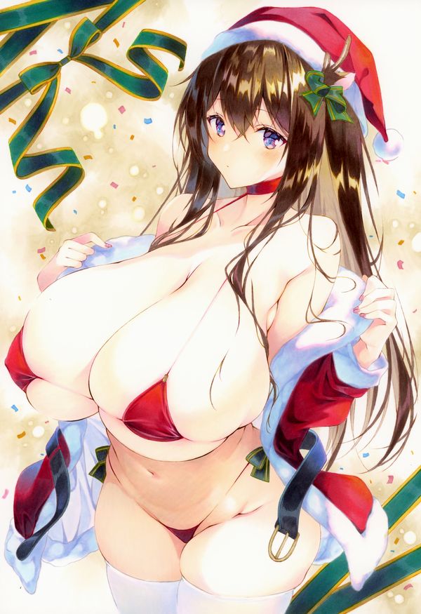 1girl bikini bow breasts brown_hair choker confetti curvy dot_mouth expressionless gigantic_breasts green_bow green_ribbon hands_up hat long_hair looking_at_viewer marker_(medium) nail_polish navel original pink_nails purple_eyes red_bikini red_choker ribbon santa_bikini santa_costume santa_hat simple_background skindentation solo swimsuit thick_thighs thighhighs thighs thingtng_(sgma7424) traditional_media undressing very_long_hair white_thighhighs