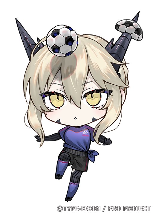 1girl artoria_pendragon_(fate) artoria_pendragon_(lancer_alter)_(fate) ball black_bodysuit black_shorts blonde_hair blue_shirt blue_socks bodysuit chestnut_mouth chibi fate/grand_order fate_(series) hair_between_eyes horns kneehighs looking_up nipi27 official_art parted_lips shirt short_sleeves shorts sidelocks simple_background soccer_ball socks solo white_background yellow_eyes