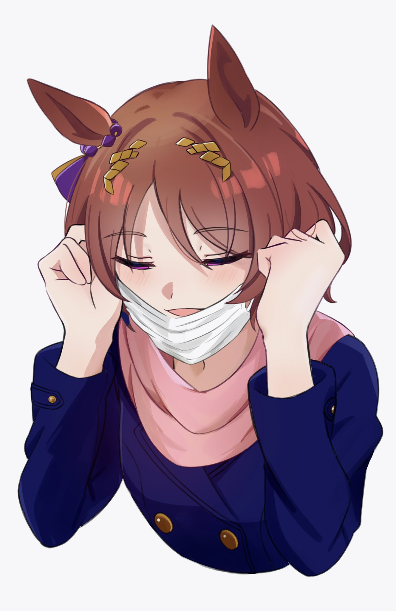 1girl animal_ears blue_coat brown_hair buttons chokotabetai00 closed_eyes coat commission double-breasted highres horse_ears horse_girl mask mouth_mask pink_scarf sakura_laurel_(umamusume) scarf short_hair simple_background solo tracen_winter_coat umamusume upper_body white_background winter_clothes winter_coat