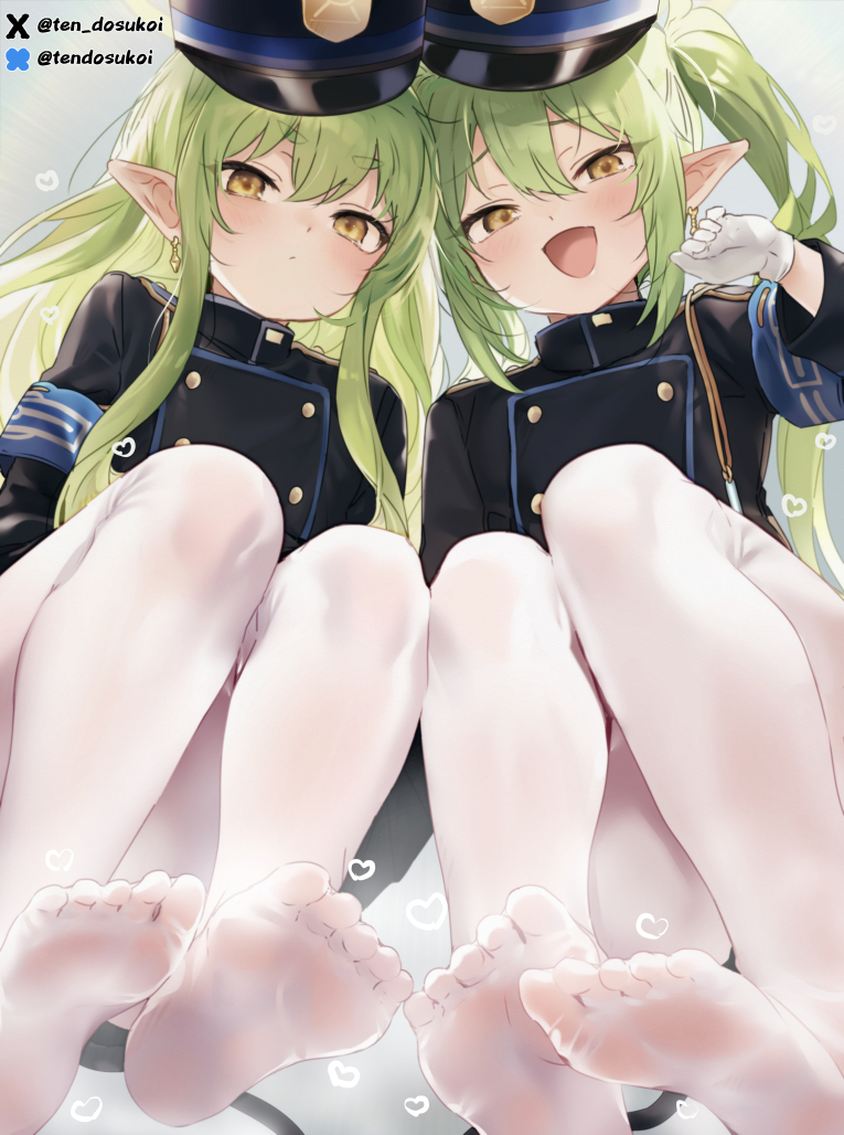 2girls black_hat black_jacket blue_archive blush buttons closed_mouth double-breasted earrings green_hair hair_between_eyes hat heart highlander_sidelocks_conductor_(blue_archive) highlander_twintails_conductor_(blue_archive) jacket jewelry juurouta long_hair long_sleeves multiple_girls open_mouth pantyhose peaked_cap pointy_ears sidelocks single_earring smile soles toes twintails twitter_username white_pantyhose yellow_eyes