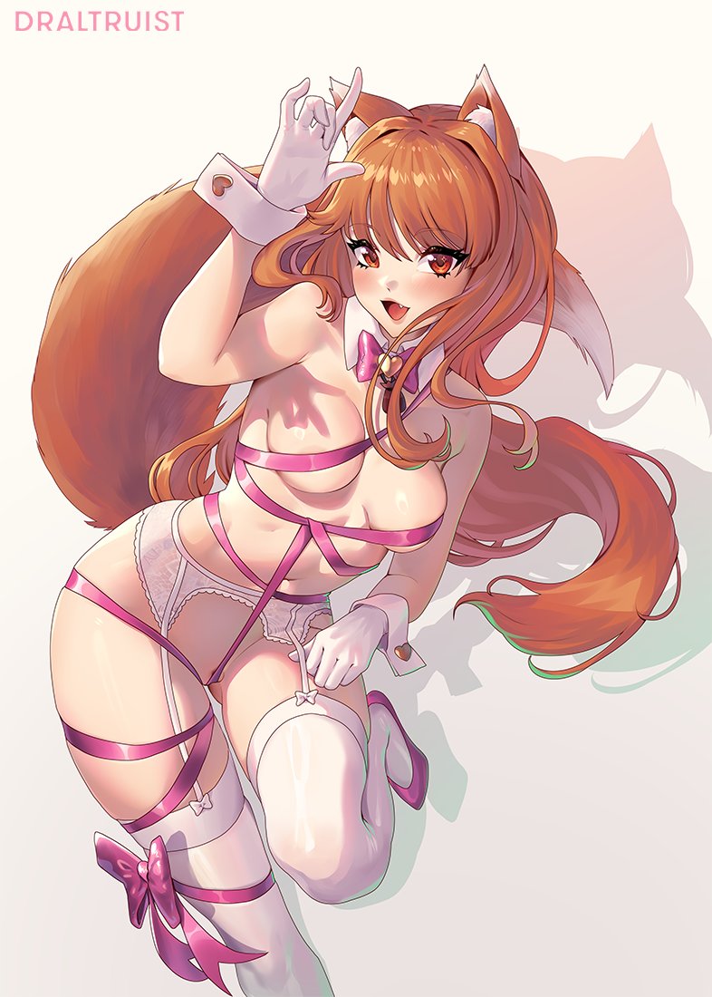 1girl alternate_costume animal_ear_fluff animal_ears arm_up artist_name ass_visible_through_thighs blush bow bowtie breasts brown_eyes brown_hair detached_collar dr_altruist fake_animal_ears fang floating_hair foot_out_of_frame garter_belt gloves hair_between_eyes holo leaning_to_the_side long_hair looking_at_viewer medium_breasts navel open_mouth pink_bow pink_bowtie pink_footwear pink_ribbon rabbit_ears ribbon shadow shoes solo spice_and_wolf standing standing_on_one_leg tail tail_raised thighhighs very_long_hair white_background white_garter_belt white_gloves white_thighhighs white_wrist_cuffs wolf_ears wolf_girl wolf_tail wrist_cuffs