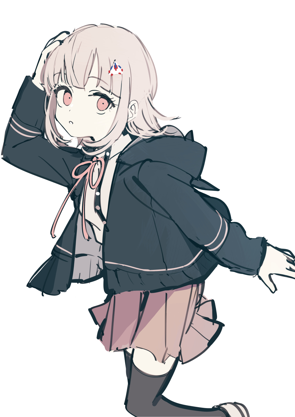 1girl black_shirt black_thighhighs brown_eyes brown_skirt danganronpa_(series) danganronpa_2:_goodbye_despair dress_shirt galaga grey_background hand_up highres hood hood_down hooded_jacket jacket long_sleeves medium_hair miniskirt nanami_chiaki neck_ribbon open_clothes open_jacket pink_ribbon pleated_skirt ribbon shirt simple_background skirt teeth tetuw thighhighs white_shirt zettai_ryouiki