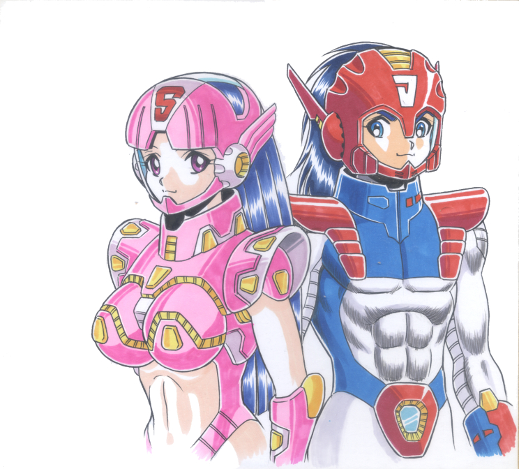 1boy 1girl armor blue_eyes blue_hair boobplate breasts commentary_request covered_abs helmet juuoumaru kamiya_minoru_(artist) large_breasts long_hair marker_(medium) midriff pink_eyes plawres_sanshirou sakurahime shoulder_armor smile thick_eyebrows traditional_media winged_helmet