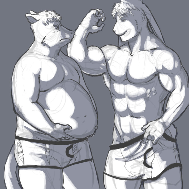 2010 5_fingers abs anthro belly belly_overhang biceps big_belly biped canid canine canis clothed clothing disappointed duo fingers hair holding_belly lagomorph leporid male mammal mika_(mikalapine) mikalapine muscular muscular_anthro muscular_male navel overweight overweight_anthro overweight_male pecs rabbit shaded simple_background sketch topless topless_male torn_clothing torn_underwear underwear underwear_only wolf