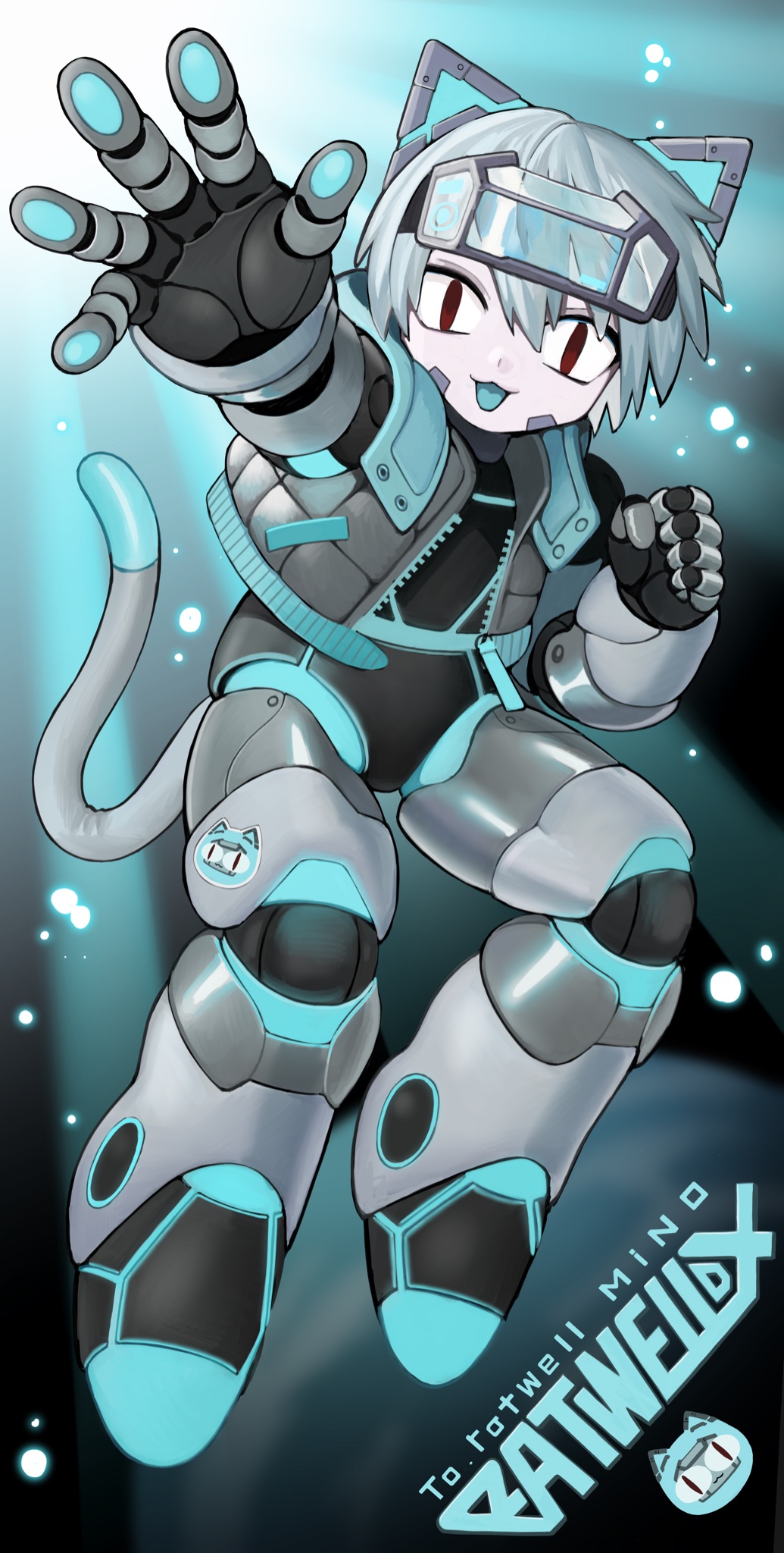 ambiguous_gender android animal_humanoid blue_theme cat_humanoid clothing cyberpunk felid felid_humanoid feline feline_humanoid futuristic glowing hi_res humanoid kirarayakubou machine mammal mammal_humanoid robot science_fiction smile solo sticker tail topwear vest y2k_(graphic_design)