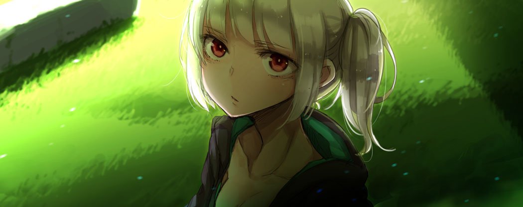 1girl ayakura_juu commentary_request expressionless grass jacket looking_at_viewer original red_eyes side_ponytail solo upper_body white_hair