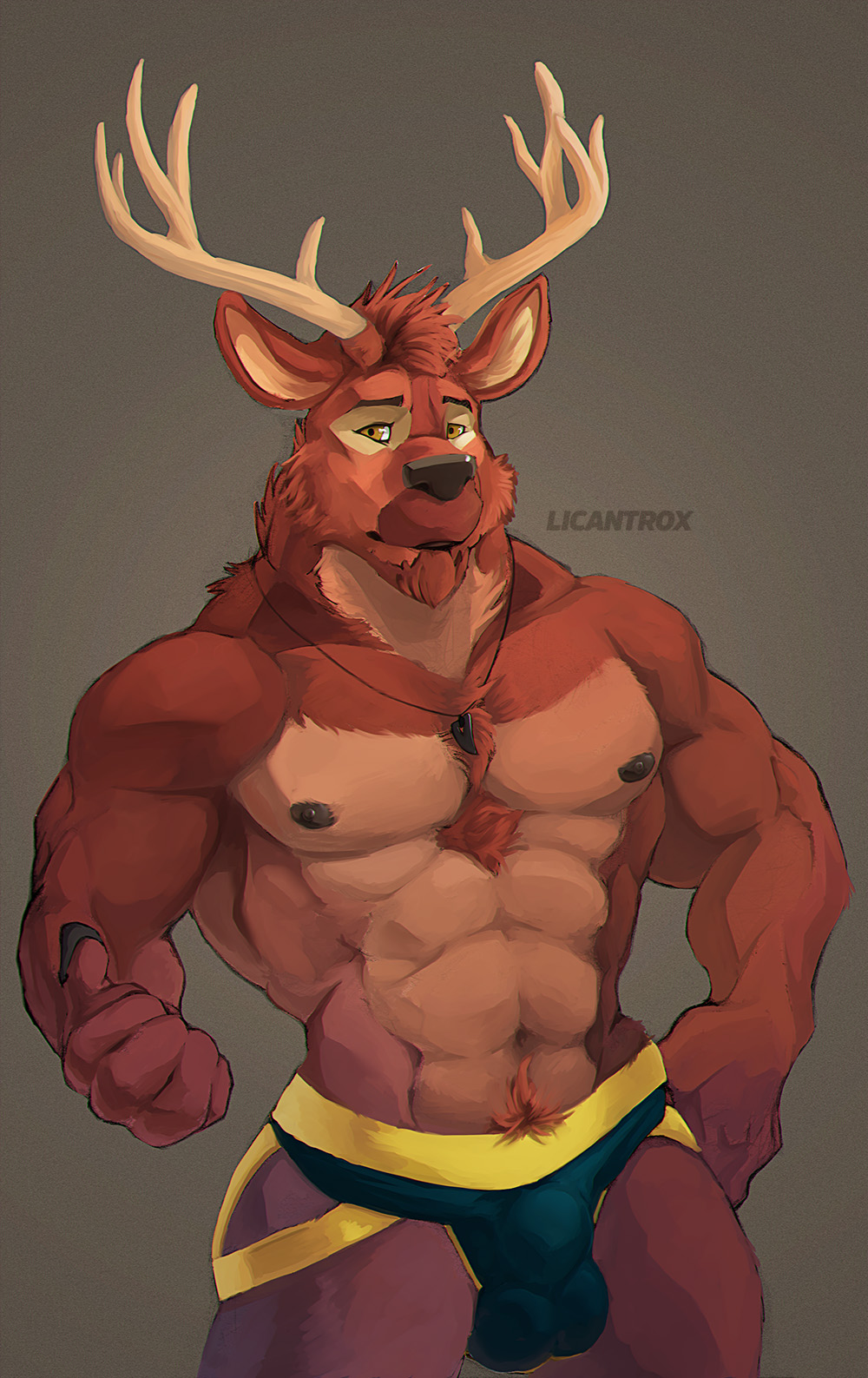 abs anthro antlers balls black_nose brown_fur cervine clothing deer digital_media_(artwork) fur horn jockstrap licantrox_(artist) male mammal muscular muscular_male nipples pecs penis simple_background solo standing underwear