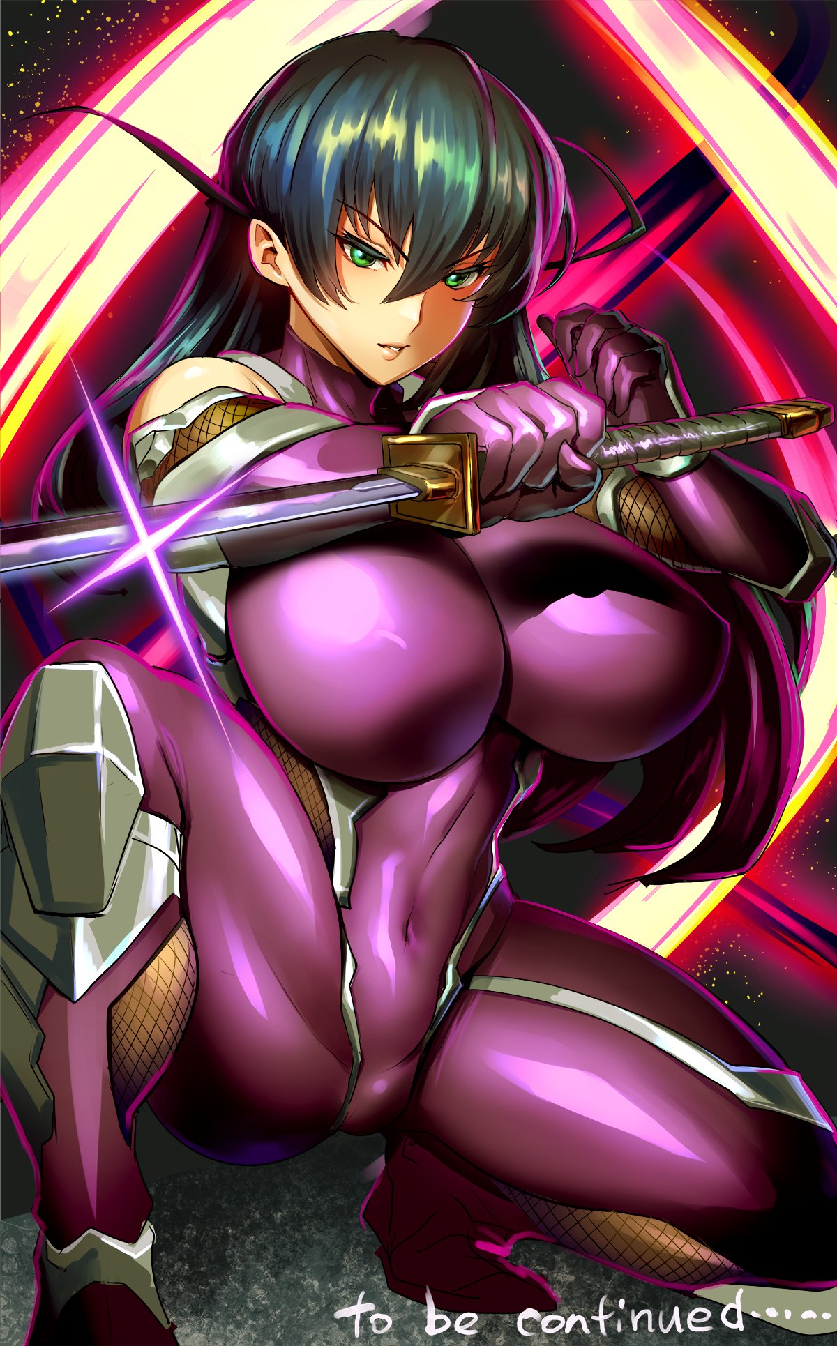 ... 1girl bare_shoulders black_hair breasts clenched_hands covered_navel covered_nipples detailed_knuckles english_text fighting_stance fishnets green_eyes highres holding holding_sword holding_weapon huge_breasts ichiren_takushou igawa_asagi katana ninja reverse_grip shiny_skin skindentation solo squatting sword taimanin_(series) taimanin_asagi taimanin_suit thick_thighs thighs to_be_continued translation_request weapon