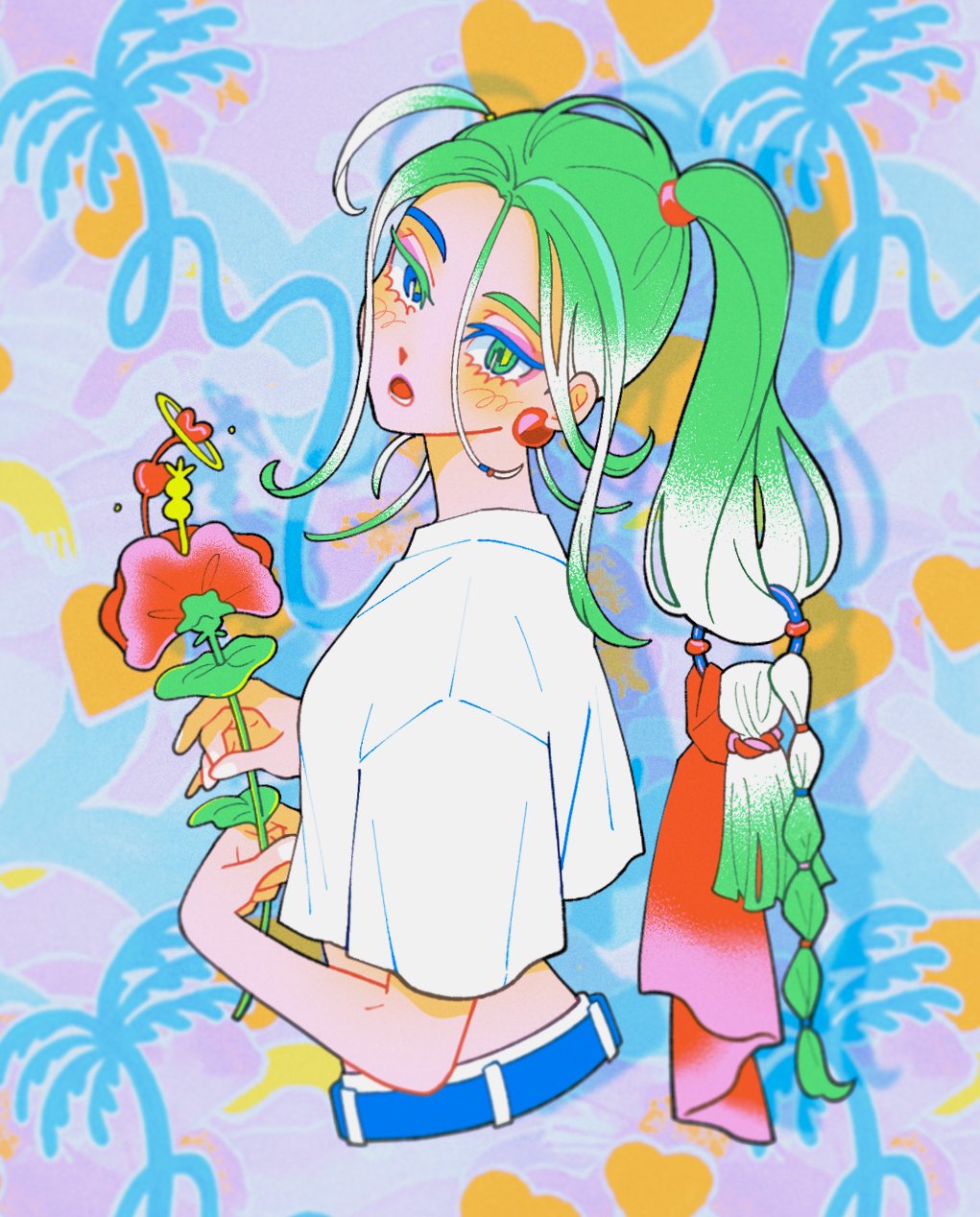 1girl abstract_background blue_eyes blush colored_eyelashes commentary_request crop_top crop_top_overhang cropped_torso earrings eyelashes flower from_side green_eyes green_hair hair_ornament heterochromia highres holding holding_flower inuha_dog_wave jewelry long_hair looking_at_viewer looking_to_the_side midriff mismatched_eyebrows mismatched_eyelashes open_mouth original red_flower shirt short_sleeves solo sphere_earrings upper_body white_shirt