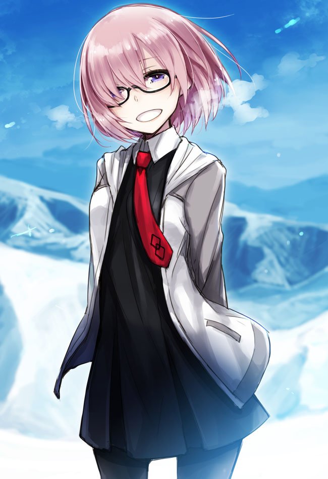 1girl arms_behind_back ayakura_juu black-framed_eyewear black_dress black_pantyhose blue_sky breath commentary_request dress fate/grand_order fate_(series) glasses jacket looking_at_viewer mash_kyrielight necktie open_clothes open_jacket outdoors pantyhose pink_hair purple_eyes red_necktie short_hair sky smile snow solo